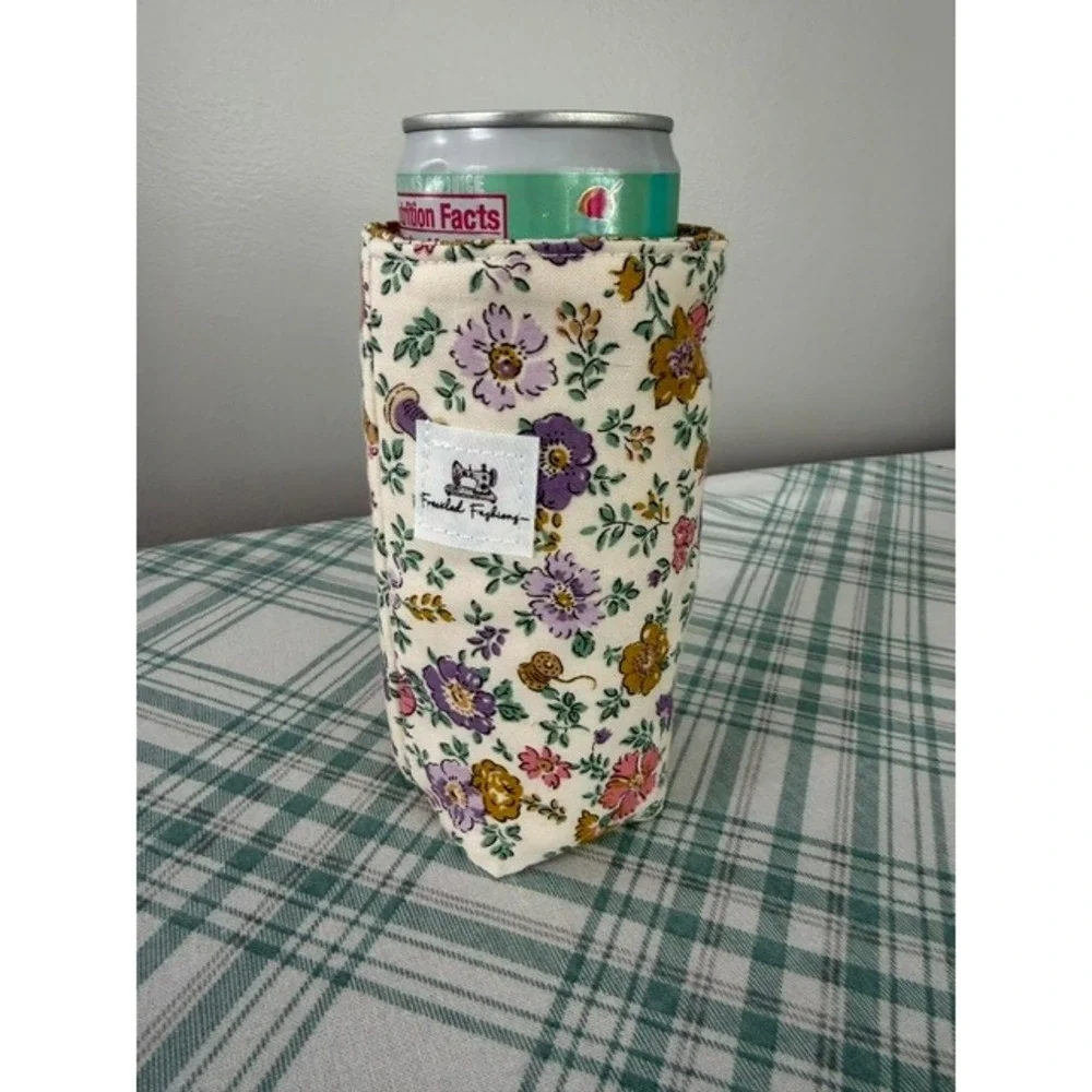 Freckled Fashions Floral Sewing Print Quilted Slim Can Sleeve Beverage Cozy